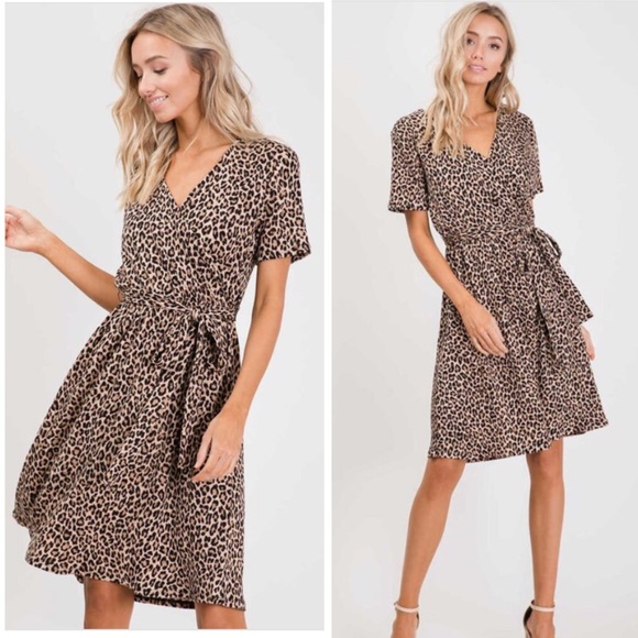 1 LEFT * Leopard Print Wrap Midi dress - Picture 3 of 5